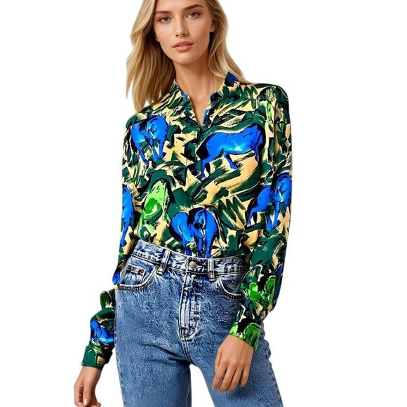 ESCADA Margaretha Ley Vinatge Silk Shirt Wild Horses Print Size 36 Pristine